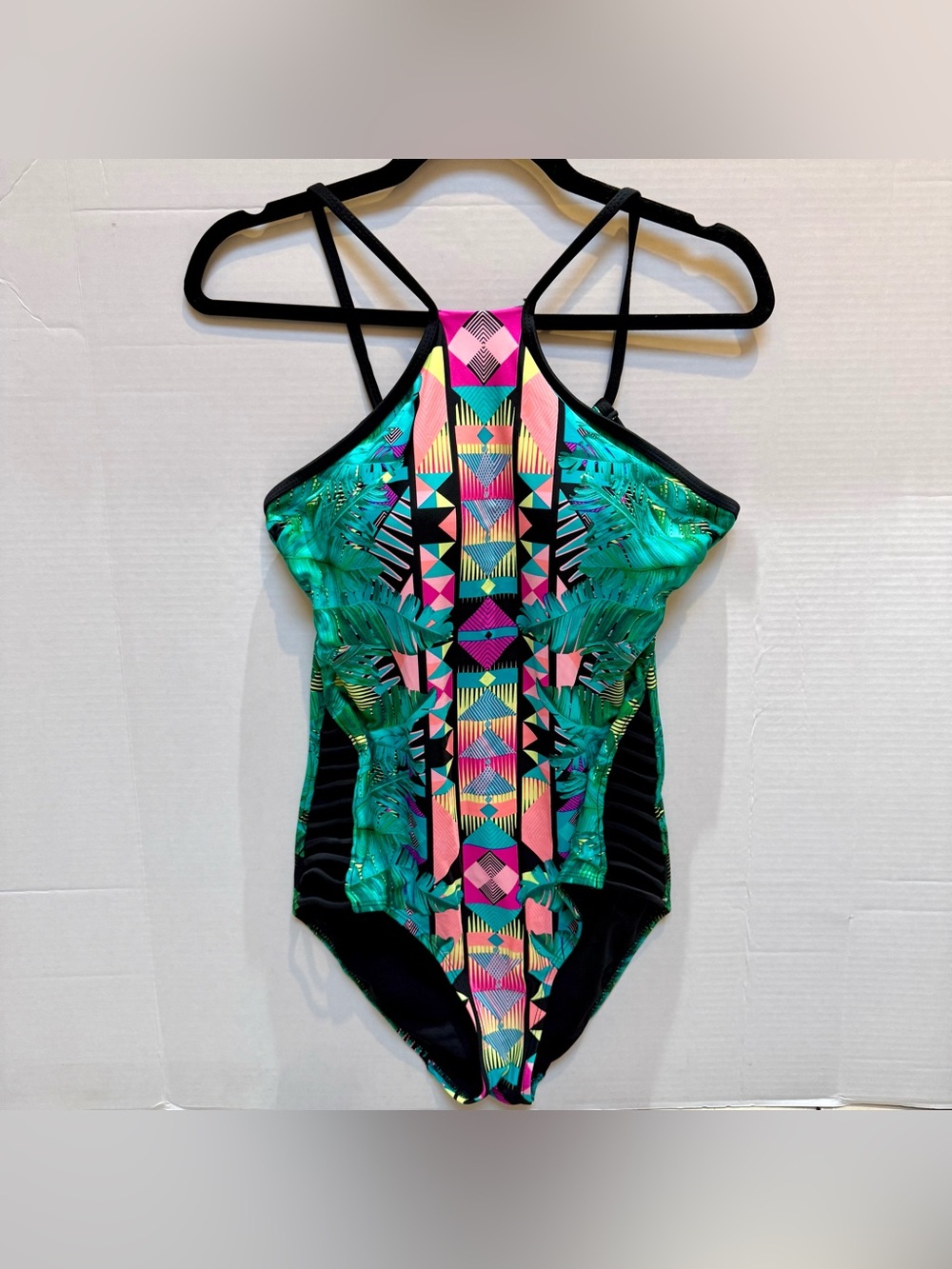 SWIMSUIT GEOMETRIC TROPICAL ONE-PIECE RACERBACK HIGH-CUT SIZE JNRS LARGE 11-13